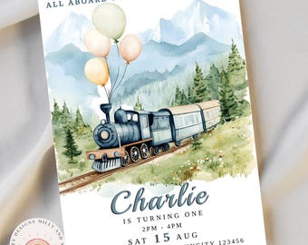 Invito di compleanno a tema treno, invito modificabile per il terzo compleanno, download digitale Chugga Chugga, invito per feste stampabile, modello per feste istantanee