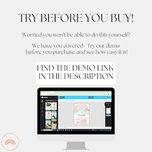 May include: A computer monitor displays a website with a birthday invitation template featuring a rainbow and the name "Isabella." Text above reads "TRY BEFORE YOU BUY!" and "FIND THE DEMO LINK IN THE DESCRIPTION."
