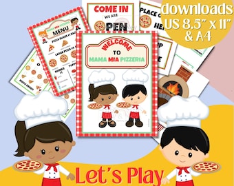 Pizza dramatic play, pretend play teacher, pretend play restaurant printable, pretend play menu, kids pretend play printables, dress up