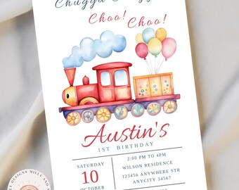Train Birthday Invitation Red, Editable Digital Invite for Kids, Printable Party Template, Instant Download