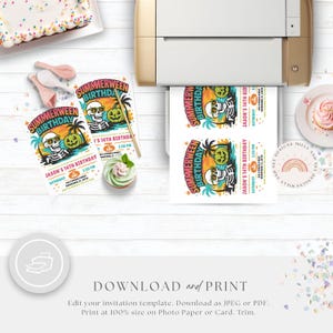 May include: A printer is shown with a printed invitation design. The invitation features a skeleton wearing sunglasses, a palm tree, and a pumpkin. The text on the invitation reads "Summerween Birthday" and "Jason's 14th Birthday".