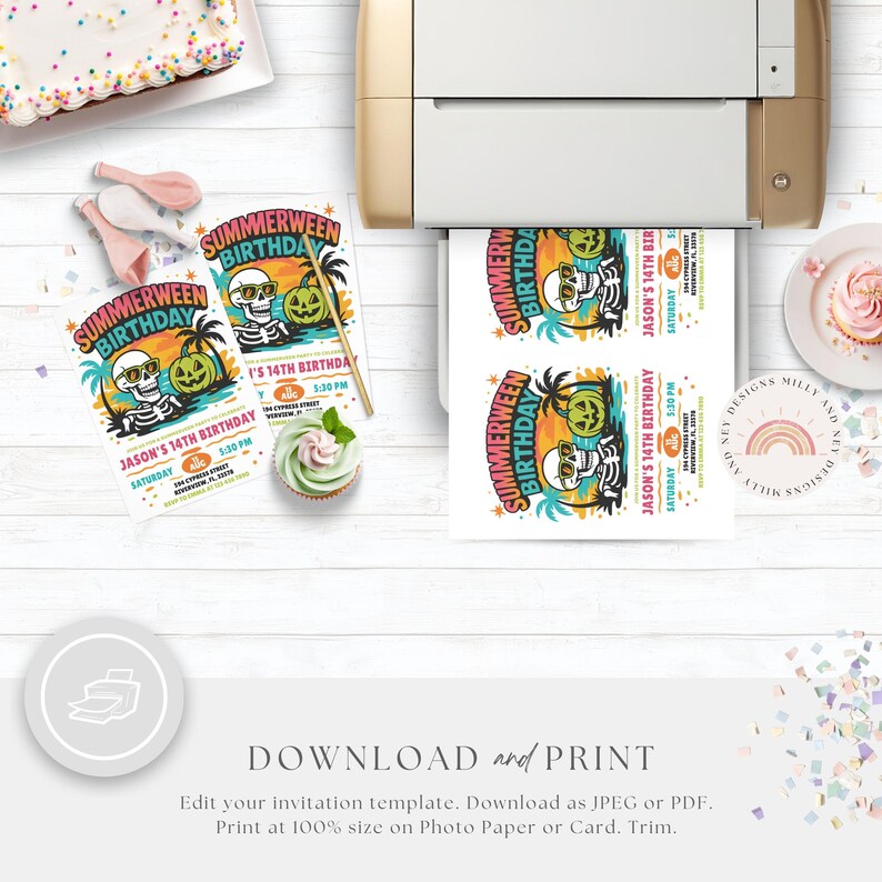May include: A printer is shown with a printed invitation design. The invitation features a skeleton wearing sunglasses, a palm tree, and a pumpkin. The text on the invitation reads "Summerween Birthday" and "Jason's 14th Birthday".