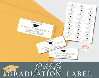 Modèle d'étiquettes d'adresse de remise des diplômes, étiquettes imprimables modifiables pour la fête des diplômés, téléchargement numérique Avery 5160, promotion 2025