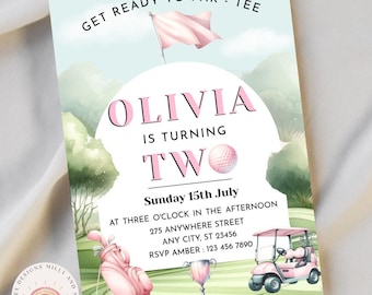 Invitación de cumpleaños de golf para niñas, plantilla editable, divertida invitación a fiesta, descarga instantánea, temática de golf, carrito de golf rosa, palo
