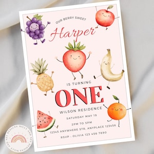 Dancing Fruit Birthday Invitation, Editable Kids Party Invite, Printable Tropical Theme, Instant Download PDF, Cute Colorful  Printable Card