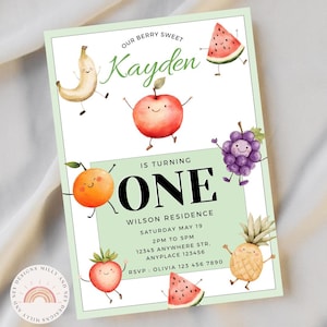 Dancing Fruit Digital Invite, Editable Birthday Invitation, Instant Download, Fun Party Template for Kids, Printable Tropical Theme PDF