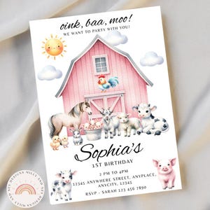 Farm 1ST Birthday Invite, Editable Farm Animal Birthday Invitation for Girls, Cute Barnyard Party Template, Pink Farm Theme Digital Download