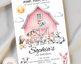 Farm 1ST Birthday Invite, Editable Farm Animal Birthday Invitation for Girls, Cute Barnyard Party Template, Pink Farm Theme Digital Download