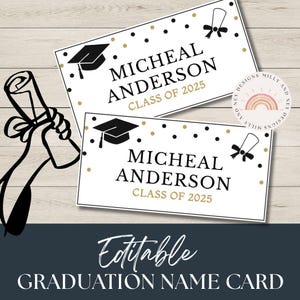 Anuncio de tarjeta de nombre de graduación imprimible, plantillas editables personalizadas para invitaciones de graduación de la clase de 2025,