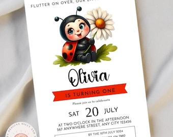 Ladybug Birthday Invitation, Cute Girls Party Invite, Printable Digital Card, Editable Template for Kids