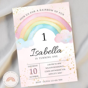 Rainbow Birthday Invitation, Editable Cloud Party Invite, Digital Download Template for Girls, Fun Celebration, First Birthday