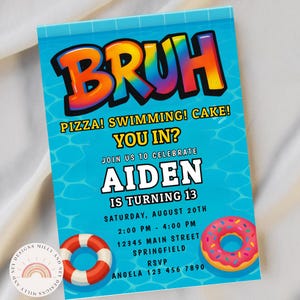 Bruh Pool Party Invitation, Editable Digital Template for Boys Birthday, Summer Swim Party Invite, Customizable Fun Teen Instant Download