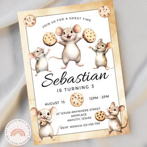 Mouse and Cookie Invitation, Editable Birthday Invite, Digital Template for Kids, Storybook Theme Celebration First Instant Download