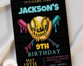 Baseball Drip Birthday Party Invitation, Editable Softball Ice Cream Drip Digital  Invite Template, Fun Sports Invite Design, Rookie Year