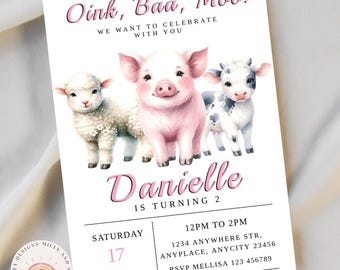 Farm 2nd Birthday Invite, Editable Farm Animal Birthday Invitation for Girls, Cute Barnyard Party Template, Digital Download