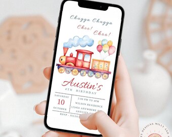Invito per il 4° compleanno a tema trenino, invito per la festa a tema trenino Choo Choo, download digitale, modello modificabile per bambini, divertente trenino d'epoca per bambini