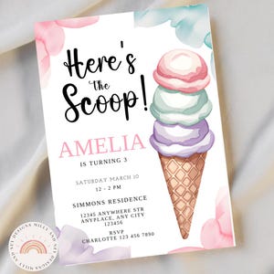 Here&#39;s the Scoop Editable Ice Cream Invitation, Printable Birthday Party Invite for Summer Celebrations, Customizable Template for kids