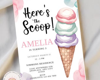 Here's the Scoop Editable Ice Cream Invitation, Printable Birthday Party Invite for Summer Celebrations, Customizable Template for kids