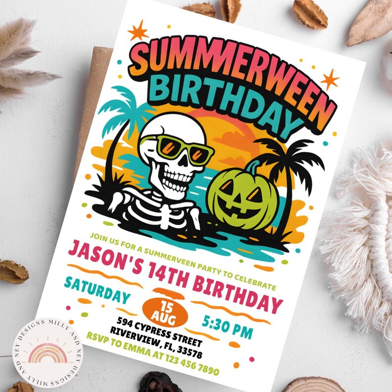May include: A colorful invitation for a Summerween birthday party. The design features a skeleton wearing sunglasses, a jack-o'-lantern, and palm trees against a sunset backdrop. The text reads "Summerween Birthday" and includes party details.