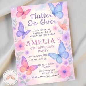 Flutter On Over Birthday Invitation, Editable Any Age  Rainbow Butterfly Invite, Whimsical Floral Pink Garden Flower Design for Girls