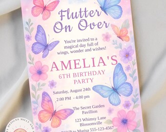 Flattern Sie über Geburtstagseinladung, bearbeitbar jedes Alters Regenbogen Schmetterling einladen, wunderliches Blumenrosa Gartenblumendesign für Mädchen