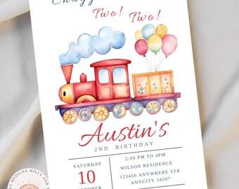 Chugga Chugga Two Two Birthday Invitation, Editable Train Party Invite, 2nd Birthday Digital Download for Boys Train Birthday Invitation Red