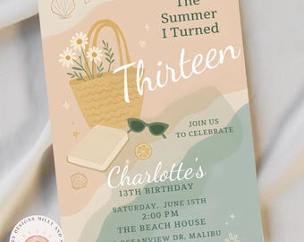 The Summer I Turned verjaardagsuitnodiging, bewerkbare sjabloon voor tienerverjaardag, decor zomerfeest, instant zomerfeest meisje uitnodigen
