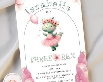 Drei Rex-Mädchen-Einladung, bearbeitbare Dinosaurier-Geburtstags-Einladung, niedliche Dino-Rosa-Vorlage, digitaler Download anpassbar für Kinder, Instant Evite