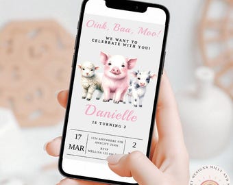 Farm 2nd Birthday Invite, Editable Farm Animal Birthday Invitation for Girls, Cute Barnyard Party Template, Digital Download