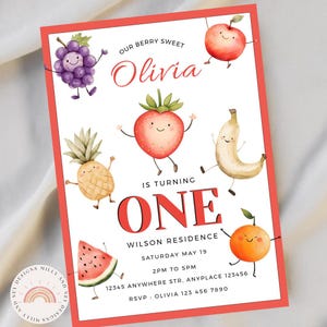 Dancing Fruit Birthday Invitation, Editable Kids Party Invite, Printable Tropical Theme, Instant Download PDF, Cute Colorful  Printable Card