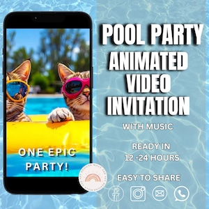 Pool-Party-Videoeinladung, bearbeitbare digitale Einladung zum Sommergeburtstag, animierte E-Vite-Vorlage für Kinder, lustige coole gemeinsame Pool-Evite-Katzen