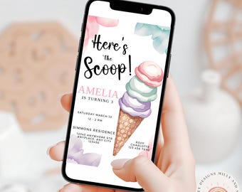 Here's the Scoop Editable Ice Cream Invitation, Printable Birthday Party Invite for Summer Celebrations, Customizable Template for kids