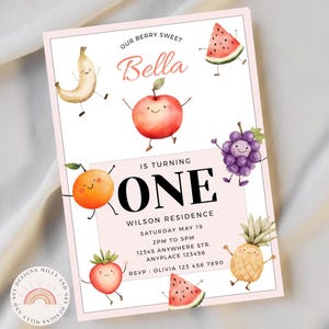 Dancing Fruit Birthday Invitation, Editable Kids Party Invite, Printable Tropical Theme, Instant Download PDF, Cute Colorful  Printable Card