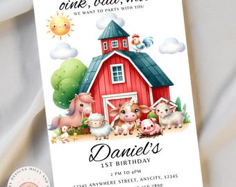 Convite de aniversário na fazenda, modelo digital editável para um ano de idade, animais fofos da fazenda, convite de 1º aniversário, download instantâneo para impressão