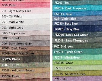 May include: A color chart displaying two vertical columns of fabric swatches in various shades. Each swatch is labeled with a unique alphanumeric code and a corresponding color name, including Citrine, Pink Peach, Smoke, Navy Blue, and Eggplant.