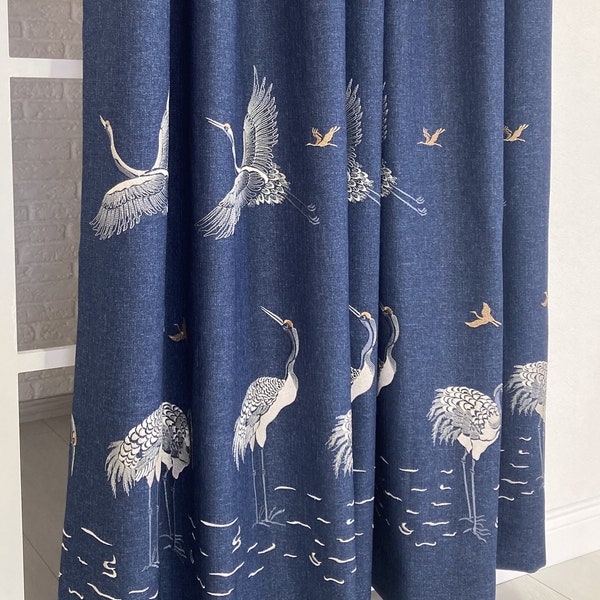 Triple Pinch Pleated Crane Curtains Bird Patterned Drapes 5 Color Options