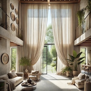 Extra Long Linen Sheer Curtains | 52 Colors | High Ceiling Drapes for Tall Windows | Up to 3- Story Height | Elegant Window Treatments