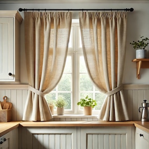 Linen Cafe Curtains: Light Filtering Kitchen Window Panels, Faux Linen Drapes