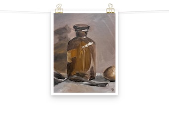 May include: A still life painting of a brown glass bottle with a cork stopper, a brown object, and a round, light brown object on a light brown surface.