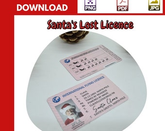 Op de afbeelding: Een roze en witte vliegbrief van de kerstman met een foto van de kerstman in een rood pak en witte baard. De brief bevat de tekst "International Flying Licence" en "Santa Claus".