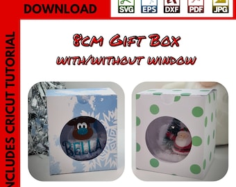 Op de afbeelding: Digitale download van een Cricut-tutorial voor het maken van een 8 cm cadeaudoos met of zonder venster. De afbeelding toont twee voorbeelden van de doos, een met een blauw sneeuwvlokkenontwerp en de andere met groene stippen. De tutorial bevat een commerciële licentie.