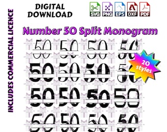 May include: A digital download of 20 different styles of the number 50 split monogram. The number 50 is in black and the split is a black line. The text "Number 50 Split Monogram" is at the top of the image. The text "20 styles" is in a pink star shape.