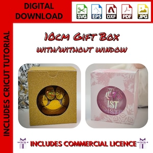 May include: Two 10cm gift boxes, one gold with a paw print window and one pink with a snowflake design. Both boxes include a Cricut tutorial and a commercial license.