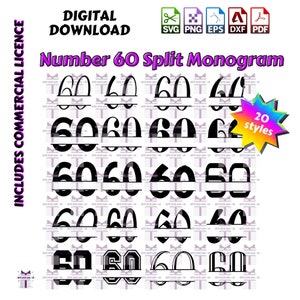 SVG Nummer 60 Sixty Split Monogram Digitaal Download 2242