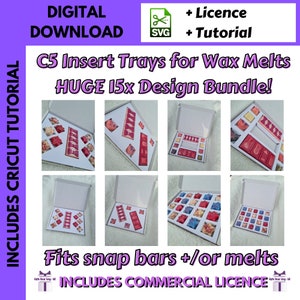Könnte beinhalten: Digitales Download-Bild mit C5-Einsatztrays für Wachsschmelzen. Das Bild zeigt verschiedene Designs von Trays, die mit farbenfrohen Wachsschmelzen gefüllt sind. Text enthält "DIGITALER DOWNLOAD", "+ Lizenz + Tutorial" und "Passend für Snap Bars +/oder Melts".