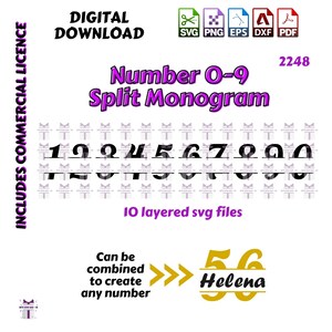 SVG Nummer 0-9 Split Monogram #1 Digitaal Downloaden 2248