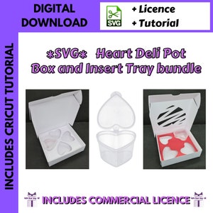 May include: A digital download SVG file for a heart-shaped deli pot box and insert tray. The image shows a white box with a heart-shaped lid, a clear plastic heart-shaped deli pot, and a white insert tray with four heart-shaped cutouts. The image also includes the text "*SVG* Heart Deli Pot Box and Insert Tray bundle" and "INCLUDES COMMERCIAL LICENCE".