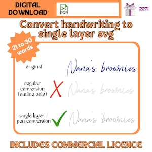 May include: A digital download graphic showing how to convert handwriting to a single layer SVG file. The graphic shows the original handwriting, a regular conversion with an outline, and a single layer pen conversion. The text "Nana's brownies" is used as an example.