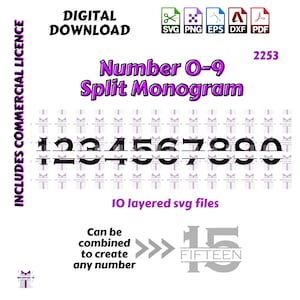 SVG Nummer 0-9 Split Monogram #6 Digitaal Downloaden 2253