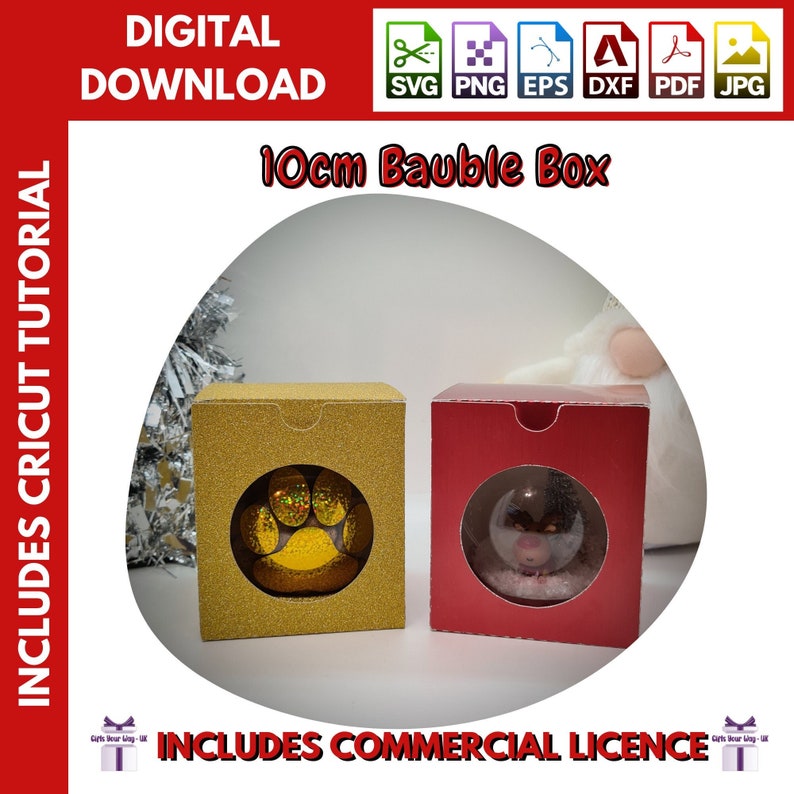 Op de afbeelding: Twee 10 cm grote kerstbaldozen, een gouden met een glitterende pootprint en een rode met een transparant venster. De dozen zijn bedoeld voor knutselen en bevatten een Cricut-tutorial en een commerci&euml;le licentie.